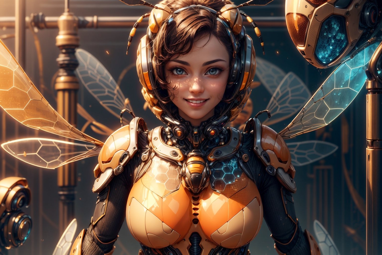 (masterpiece), (best quality),(extremely intricate), (realistic), (sharp focus), (cinematic lighting), (extremely detailed), (epic),

A girl with short dark hair and a cute smile wearing a cute bee costume.

,honeytech, scifi, see-through, honey
,fr4ctal4rmor, fractal bee costume
,flower4rmor, scifi, flower bodysuit, flower
,matwaretech, orange hues,glyphtech