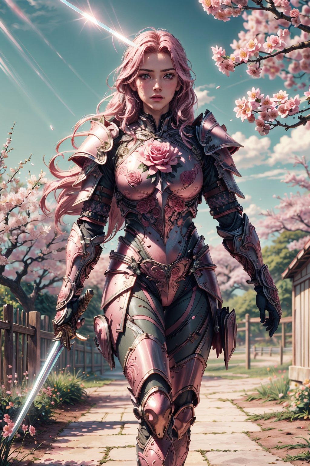 (4k), (masterpiece), (best quality),(extremely intricate), (realistic), (sharp focus), (cinematic lighting), (extremely detailed),

A girl knight in white plate armor with rose pink embroideries, walking across a cherry blossom garden, her sword raised in defiance. The sun is shining through her flowing long pink hair giving the scene a slightly pink tint.

,flower4rmor, flower warrior armor,Flower
,matwaretech, scifi, pink hues
,stealthtech
,glyphtech