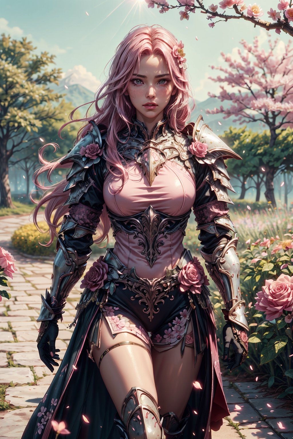 (4k), (masterpiece), (best quality),(extremely intricate), (realistic), (sharp focus), (cinematic lighting), (extremely detailed),

A girl knight in white plate armor with rose pink embroideries, walking across a cherry blossom garden, her sword raised in defiance. The sun is shining through her flowing long pink hair giving the scene a slightly pink tint.

,flower4rmor, flower warrior armor,Flower
,matwaretech, scifi, pink hues
,stealthtech
,glyphtech