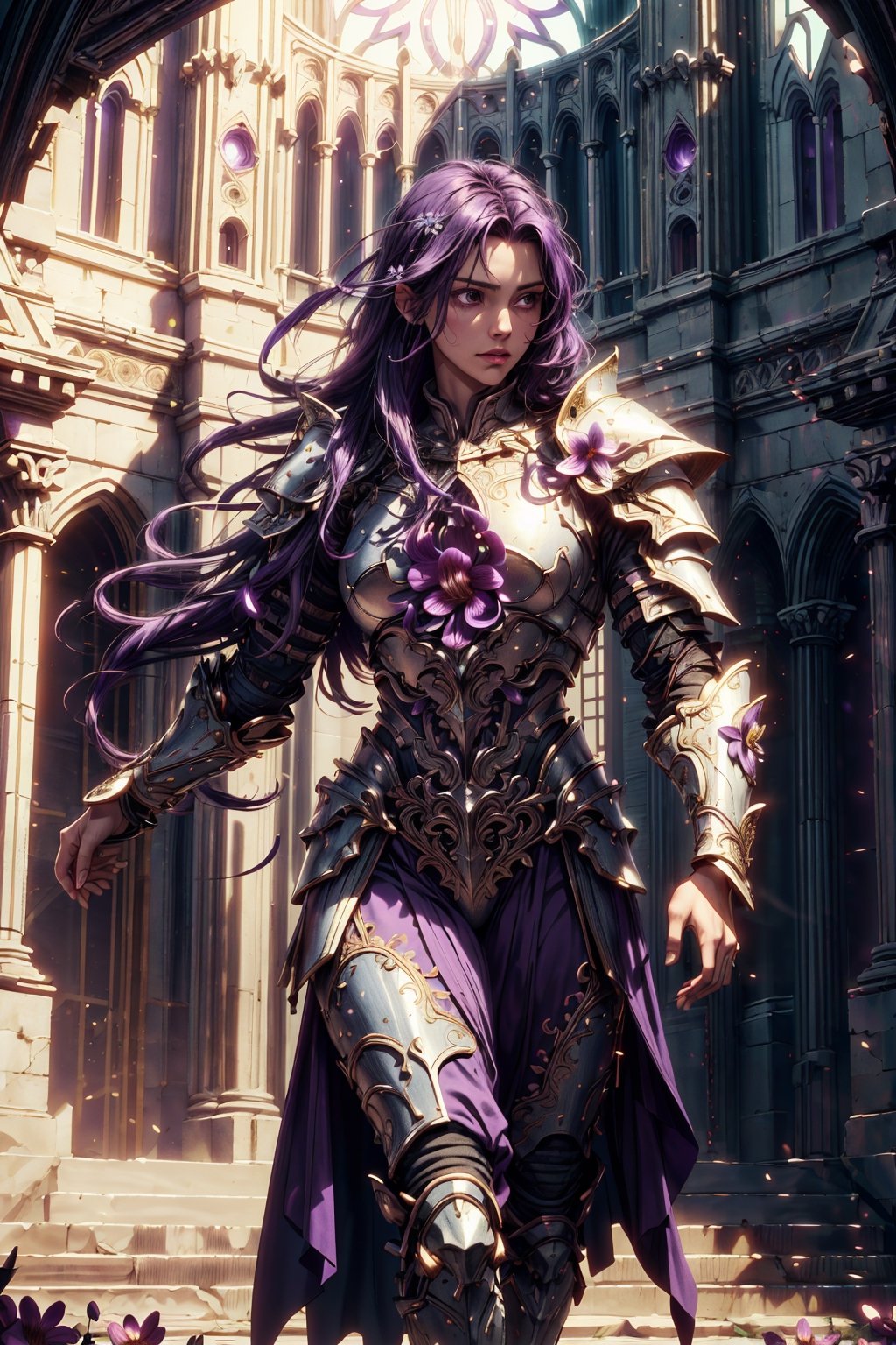 (4k), (masterpiece), (best quality),(extremely intricate), (realistic), (sharp focus), (cinematic lighting), (extremely detailed),

A girl knight in white plate armor with orchid purple embroideries, walking across a cathedral hall, her sword raised in defiance. She has flowing long orchid purple hair. The sun is shining through a cathedral purple tinted glass window giving the scene a slightly purple tint.

,flower4rmor, flower warrior armor,Flower
,matwaretech, scifi, purple hues
,stealthtech
,glyphtech