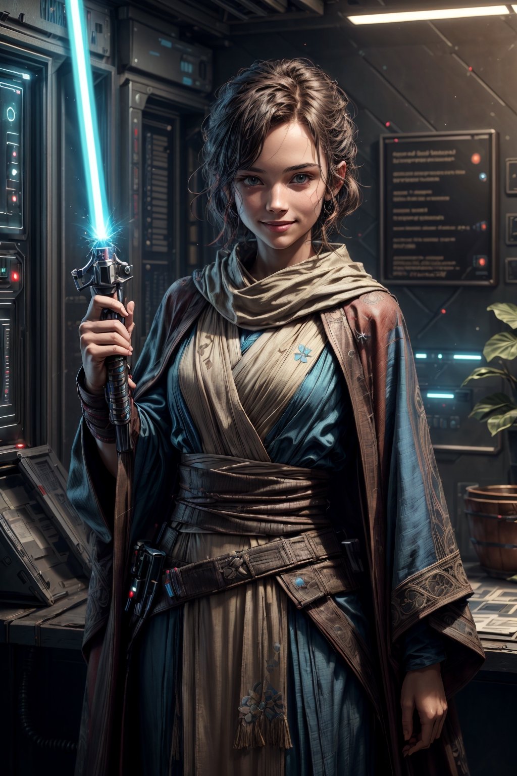 (4k), (masterpiece), (best quality),(extremely intricate), (realistic), (sharp focus), (cinematic lighting), (extremely detailed),

A young Jedi girl with a bright smile and sparkling eyes, standing tall and proud in her Jedi robes. She has her lightsaber in hand, ready to face any challenge. The Force is strong with her.

,flower4rmor, flower jedi robe
,malwaretech, scifi, blue hues
,stealthtech