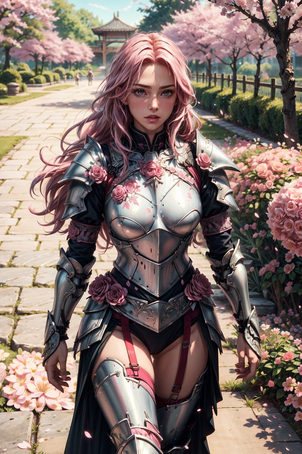 (4k), (masterpiece), (best quality),(extremely intricate), (realistic), (sharp focus), (cinematic lighting), (extremely detailed),

A girl knight in white plate armor with rose pink embroideries, walking across a cherry blossom garden, her sword raised in defiance. The sun is shining through her flowing long pink hair giving the scene a slightly pink tint.

,flower4rmor, flower white warrior armor,Flower
,matwaretech, scifi, pink hues
,stealthtech