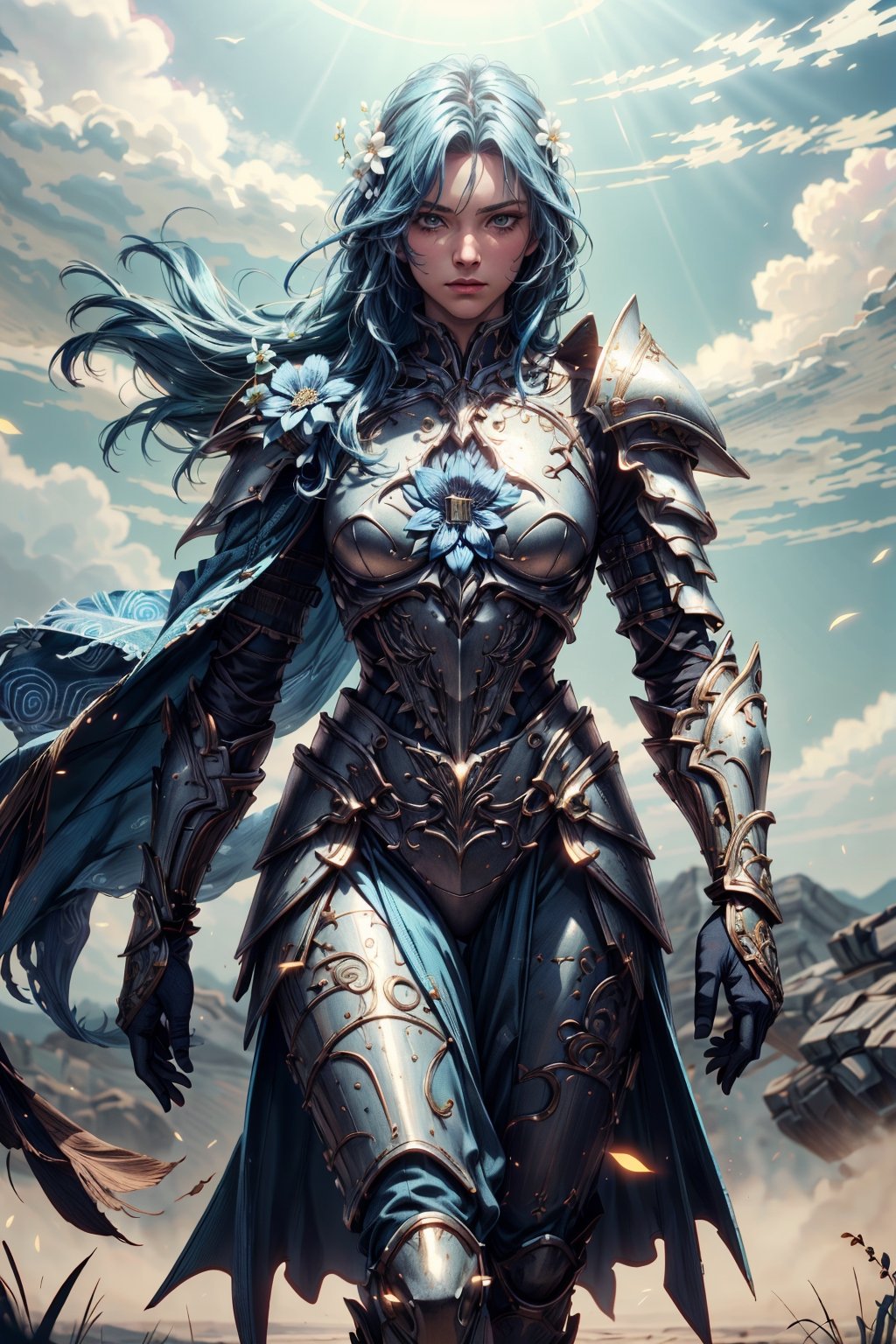 (4k), (masterpiece), (best quality),(extremely intricate), (realistic), (sharp focus), (cinematic lighting), (extremely detailed),

A girl knight in white plate armor with cerulean blue embroideries, walking across a battlefield, her sword raised in defiance. The sun is shining through her flowing long blue hair giving the scene a slightly blue tint.

,flower4rmor, flower warrior armor,Flower
,matwaretech, scifi, blue hues
,stealthtech
,glyphtech