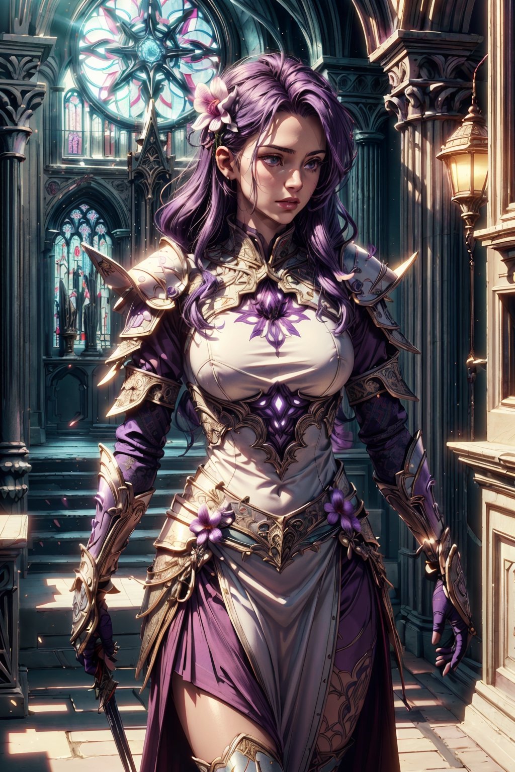 (4k), (masterpiece), (best quality),(extremely intricate), (realistic), (sharp focus), (cinematic lighting), (extremely detailed),

A girl knight in white plate armor with orchid purple embroideries, walking across a cathedral hall, her sword raised in defiance. She has flowing long orchid purple hair. The sun is shining through a cathedral purple tinted glass window giving the scene a slightly purple tint.

,flower4rmor, flower warrior armor,Flower
,matwaretech, scifi, purple hues
,stealthtech
,glyphtech