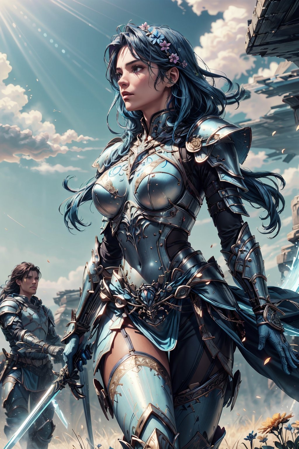 (4k), (masterpiece), (best quality),(extremely intricate), (realistic), (sharp focus), (cinematic lighting), (extremely detailed),

A girl knight in white plate armor with cerulean blue embroideries, walking across a battlefield, her sword raised in defiance. The sun is shining through her flowing long blue hair giving the scene a slightly blue tint.

,flower4rmor, flower warrior armor,Flower
,matwaretech, scifi, blue hues
,stealthtech
,glyphtech