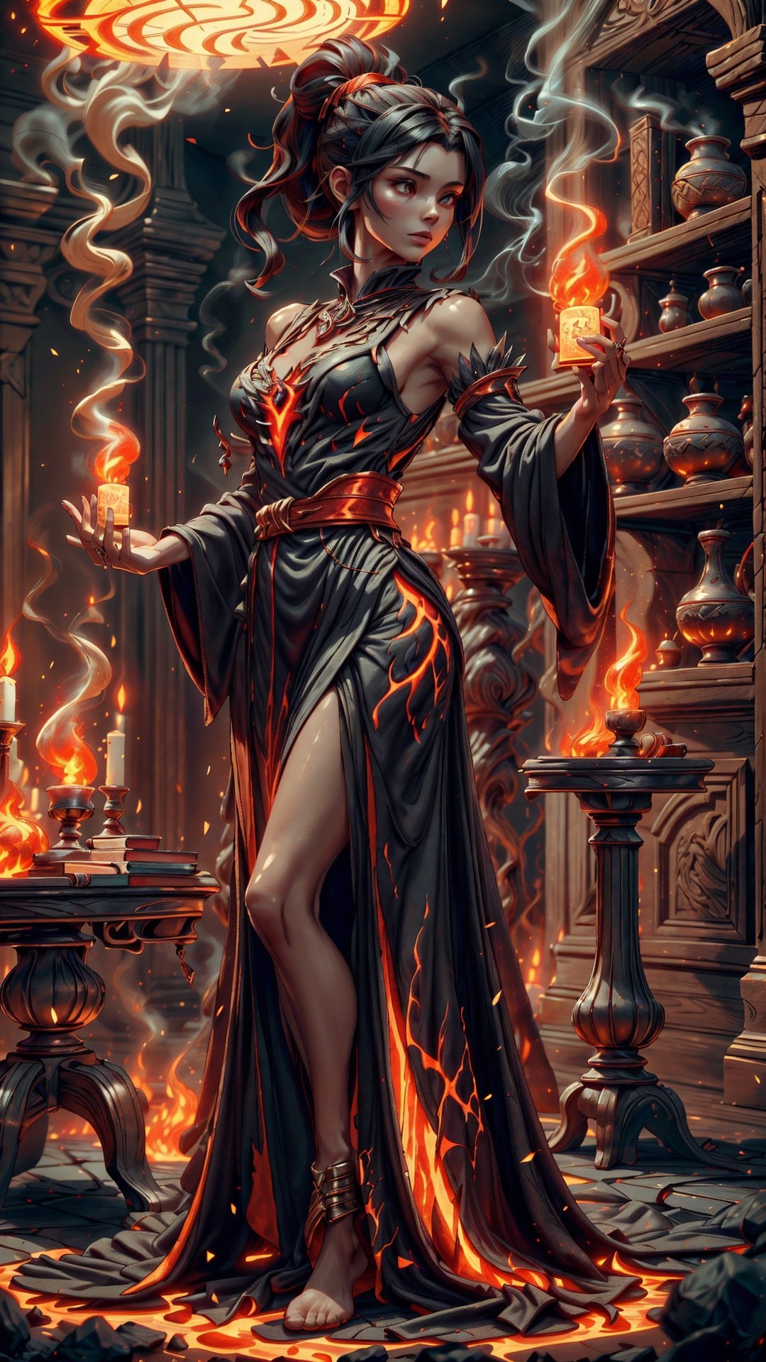 (4k), (masterpiece), (best quality),(extremely intricate), (realistic), (sharp focus), (cinematic lighting), (extremely detailed), 

A young girl flame sorceress stands in the middle of a circular room in a tall magi tower. The walls of the room are lined with bookshelves and tables filled with alchemical equipment. In the center of the room is a large pentagram drawn on the floor, surrounded by candles and incense. The sorceress is clad in a flowing red dress and her long, black hair is wild and free. She is raising her hands and casting a spell, her eyes glowing with power. The air around her is thick with the smell of smoke and sulfur.

,emb3r4rmor,MagmaTech,embers,(FlamePrincess),(ponytail),Circle