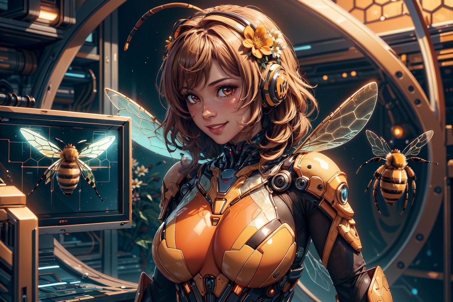 (masterpiece), (best quality),(extremely intricate), (realistic), (sharp focus), (cinematic lighting), (extremely detailed), (epic),

A girl with a cute smile wearing a cute bee costume.

,honeytech, scifi, see-through, honey
,fr4ctal4rmor, fractal bee costume
,flower4rmor, scifi, flower bodysuit, flower
,matwaretech, orange hues,glyphtech