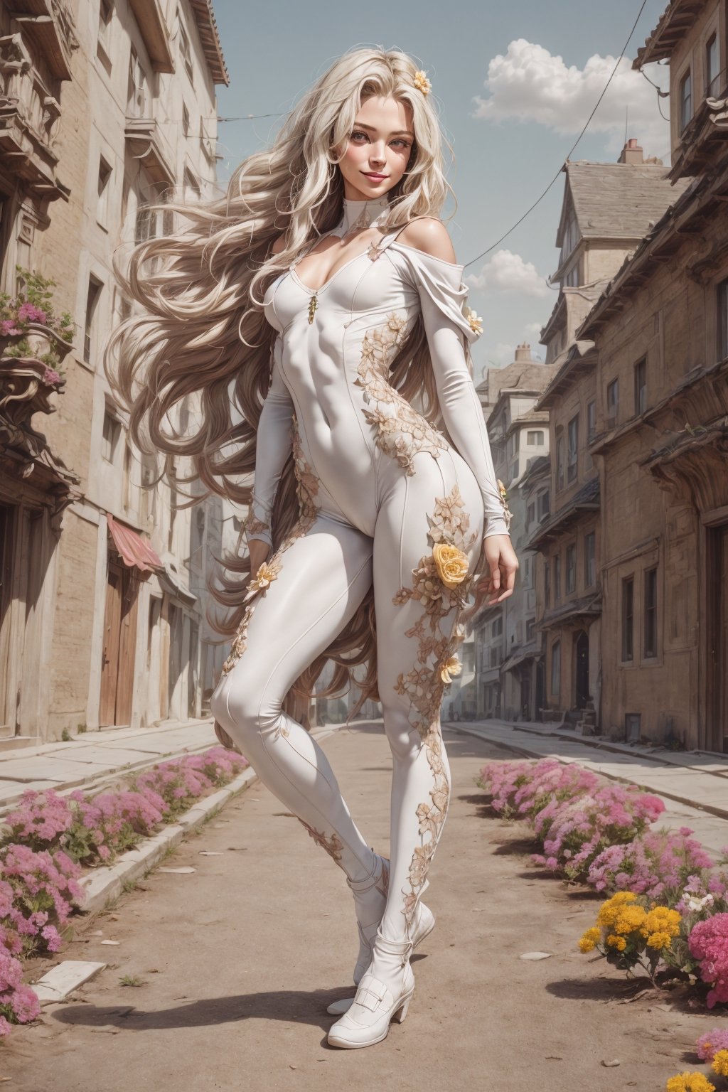 (4k), (masterpiece), (best quality),(extremely intricate), (realistic), (sharp focus), (cinematic lighting), (extremely detailed), (full body),

A beautiful young girl with long blonde hair is posing with back turned to the viewer in the city street.

She has bright smile and sparkling eyes. 

She is wearing white sleveless bodysuit, it has straps top with a V neck and goes all the way down to her knees.

,flower4rmor, flowers in hair, flower laced bodysuit
,matwaretech, scifi, yellow hues
,DonMChr0m4t3rr4 ,DonM4lbum1n