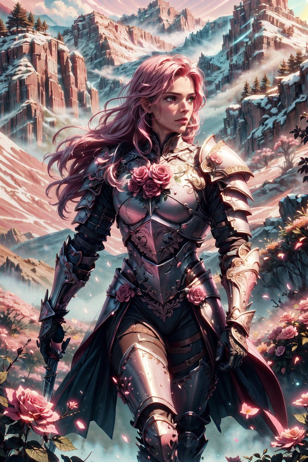 (4k), (masterpiece), (best quality),(extremely intricate), (realistic), (sharp focus), (cinematic lighting), (extremely detailed),

A girl knight in white plate armor with rose pink embroideries, walking across a mountainous landscape, her sword raised in defiance. The sun is shining through her flowing long pink hair giving the scene a slightly pink tint.

,flower4rmor, flower warrior armor,Flower
,matwaretech, scifi, pink hues
,stealthtech
,glyphtech