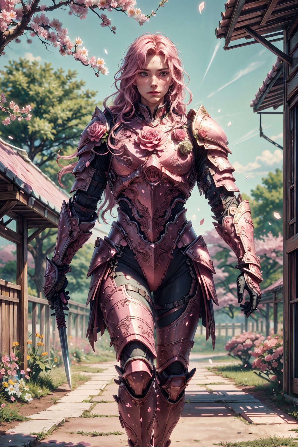 (4k), (masterpiece), (best quality),(extremely intricate), (realistic), (sharp focus), (cinematic lighting), (extremely detailed),

A girl knight in white plate armor with rose pink embroideries, walking across a cherry blossom garden, her sword raised in defiance. The sun is shining through her flowing long pink hair giving the scene a slightly pink tint.

,flower4rmor, flower warrior armor,Flower
,matwaretech, scifi, pink hues
,stealthtech
,glyphtech