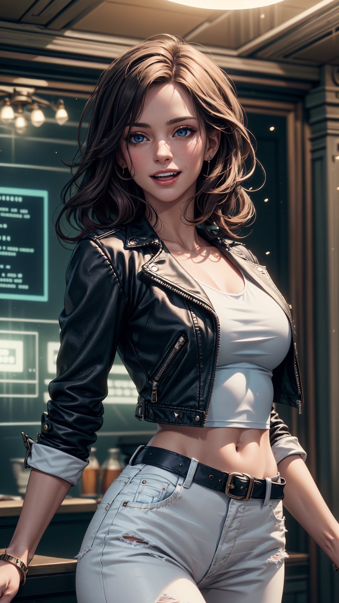 (4k), (masterpiece), (best quality),(extremely intricate), (realistic), (sharp focus), (cinematic lighting), (extremely detailed), 

A girl with dakr hair dancing among the stars. She is wearing a white top with blue jeans and black leather jacket and has a joyful expression on her face. Carribean pirate tavern background. ,hackedtech