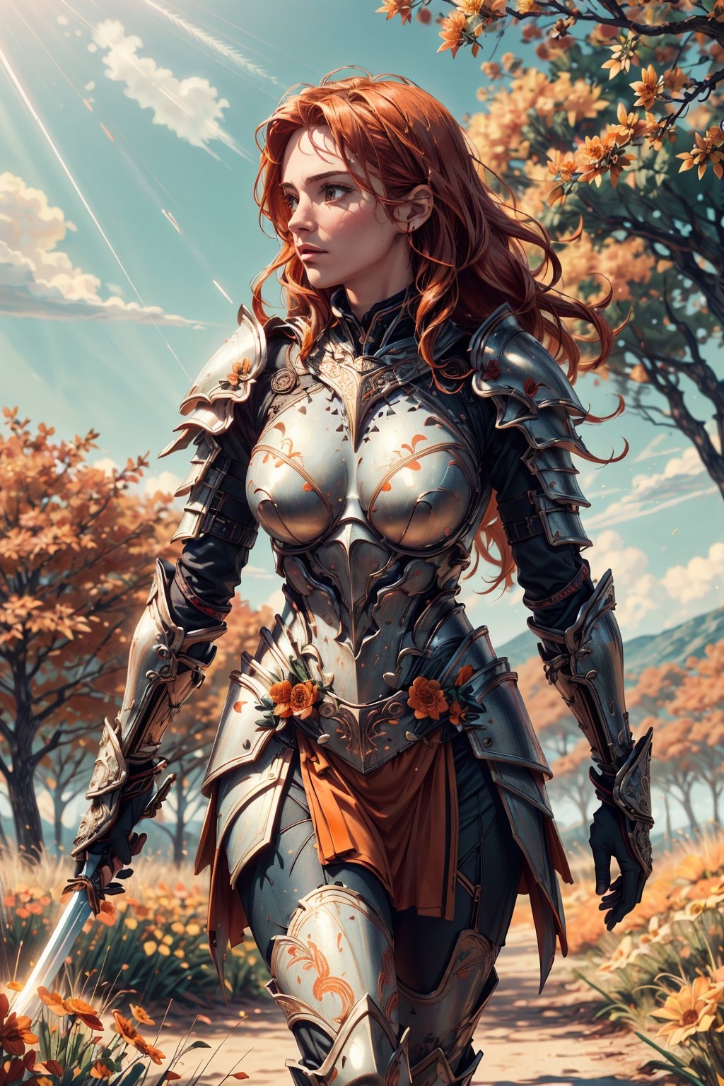 (4k), (masterpiece), (best quality),(extremely intricate), (realistic), (sharp focus), (cinematic lighting), (extremely detailed),

A girl knight in white plate armor with tangerine orange embroideries, walking across an autumn battlefield, her sword raised in defiance. The sun is shining through her flowing long orange hair giving the scene a slightly orange tint.

,flower4rmor, flower warrior armor,Flower
,matwaretech, scifi, orange hues
,stealthtech
,glyphtech