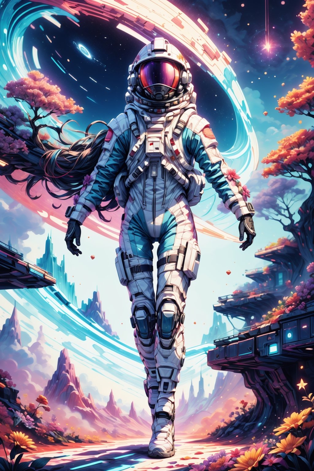 (4k), (masterpiece), (best quality),(extremely intricate), (realistic), (sharp focus), (cinematic lighting), (extremely detailed), (full body),

A young girl with long flowing hair floating in space, surrounded by stars and nebulae. She is wearing a white spacesuit with a white helmet. Her face is lit up by a sense of wonder and excitement.

,flower4rmor, flower white bodysuit, Flower
,matwaretech, scifi, red hues
,stealthtech ,DonMChr0m4t3rr4 