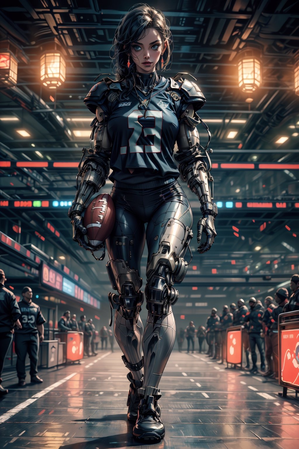 (4k), (masterpiece), (best quality),(extremely intricate), (realistic), (sharp focus), (cinematic lighting), (extremely detailed), (full body),

A cybernetically enhanced athlete girl competing in a futuristic americal football league. She is wearing a cerulean blue jersey.

,hackedtech, scifi, holographic, blue hues,handegg,midjourney