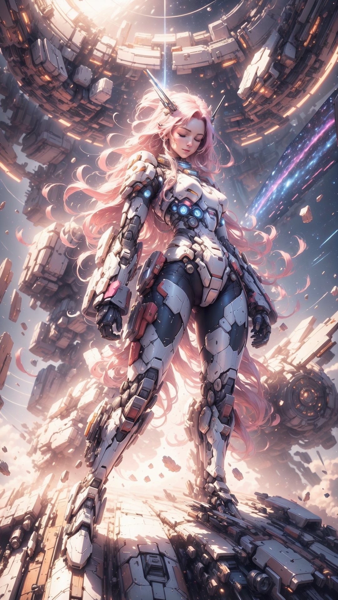 (4k), (masterpiece), (best quality),(extremely intricate), (realistic), (sharp focus), (award winning), (cinematic lighting), (extremely detailed), 

A young woman with long, flowing pink hair stands tall in the cockpit of her towering white mech suit, her face illuminated by the glow of the stars. The mech suit is a marvel of engineering, with sleek lines and powerful weaponry. The woman herself is a skilled warrior, trained in the arts of combat and piloting.
Her eyes closed and a serene smile on her face.

She is standing in front of a vast nebula, its swirling colors creating a breathtaking backdrop. The nebula is home to a variety of alien lifeforms, some of which are hostile to humanity. But the woman is not afraid. She is here to protect her people and to explore the unknown.

She raises her fist in a gesture of defiance, and her mech suit roars to life. She is ready to face whatever challenges the nebula may throw her way.

Details:

The woman is a space mecha pilot / space warrior.
She has long, flowing pink hair.
She is wearing a white bodytight spacesuit.
She is standing in the cockpit of her towering white mech suit.
She is standing in front of a vast nebula.
She raises her fist in a gesture of defiance.
Her eyes closed and a serene smile on her face

,mecha,EpicSky,DonMPl4sm4T3chXL 