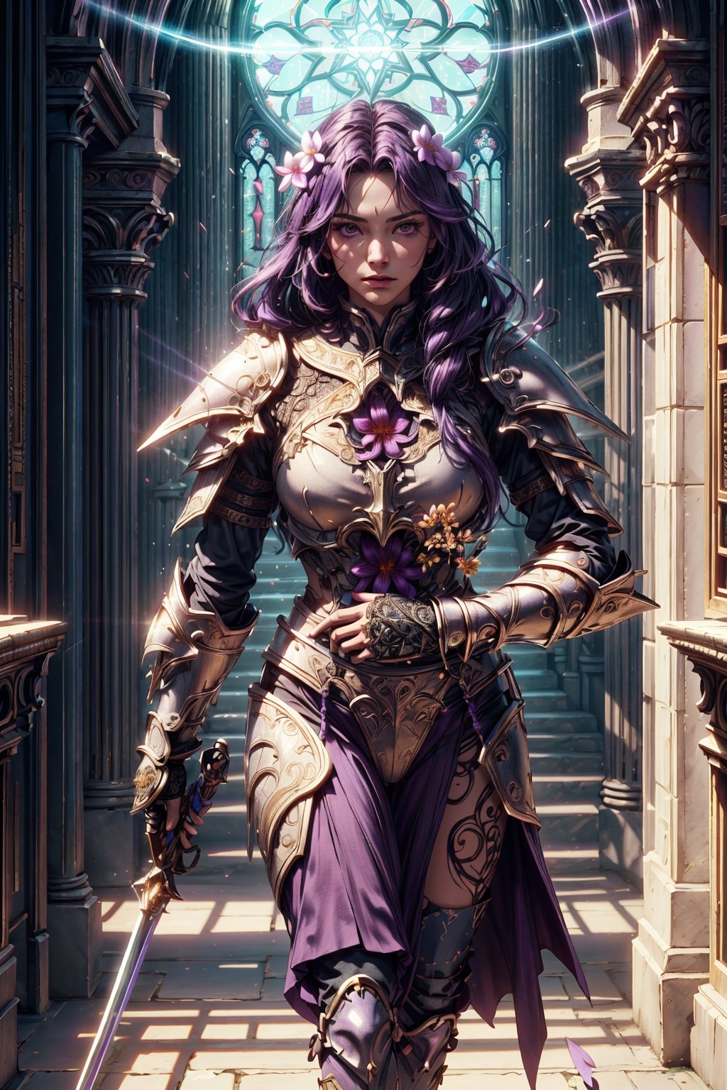 (4k), (masterpiece), (best quality),(extremely intricate), (realistic), (sharp focus), (cinematic lighting), (extremely detailed),

A girl knight in white plate armor with orchid purple embroideries, walking across a cathedral hall, her sword raised in defiance. She has flowing long orchid purple hair. The sun is shining through a cathedral purple tinted glass window giving the scene a slightly purple tint.

,flower4rmor, flower warrior armor,Flower
,matwaretech, scifi, purple hues
,stealthtech
,glyphtech