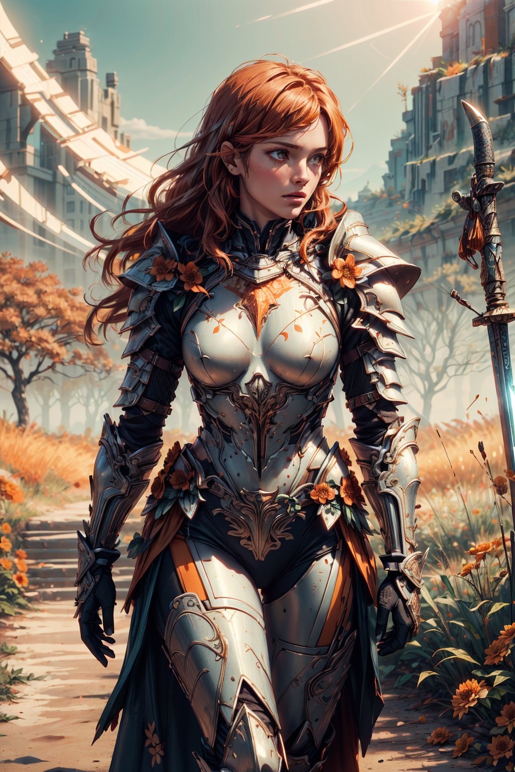 (4k), (masterpiece), (best quality),(extremely intricate), (realistic), (sharp focus), (cinematic lighting), (extremely detailed),

A girl knight in white plate armor with tangerine orange embroideries, walking across an autumn battlefield, her sword raised in defiance. The sun is shining through her flowing long orange hair giving the scene a slightly orange tint.

,flower4rmor, flower warrior armor,Flower
,matwaretech, scifi, orange hues
,stealthtech
,glyphtech