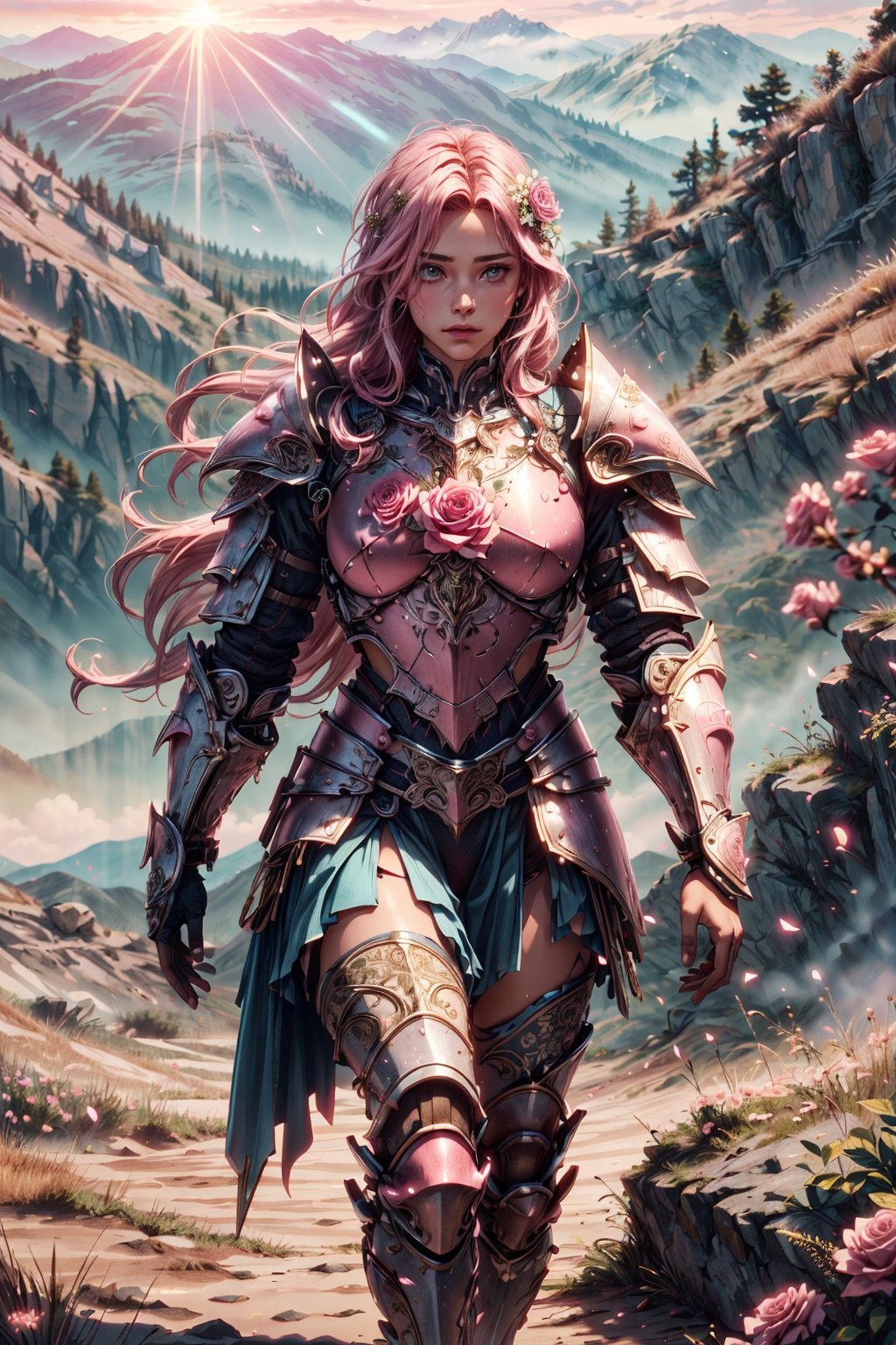 (4k), (masterpiece), (best quality),(extremely intricate), (realistic), (sharp focus), (cinematic lighting), (extremely detailed),

A girl knight in white plate armor with rose pink embroideries, walking across a mountainous landscape, her sword raised in defiance. The sun is shining through her flowing long pink hair giving the scene a slightly pink tint.

,flower4rmor, flower warrior armor,Flower
,matwaretech, scifi, pink hues
,stealthtech
,glyphtech