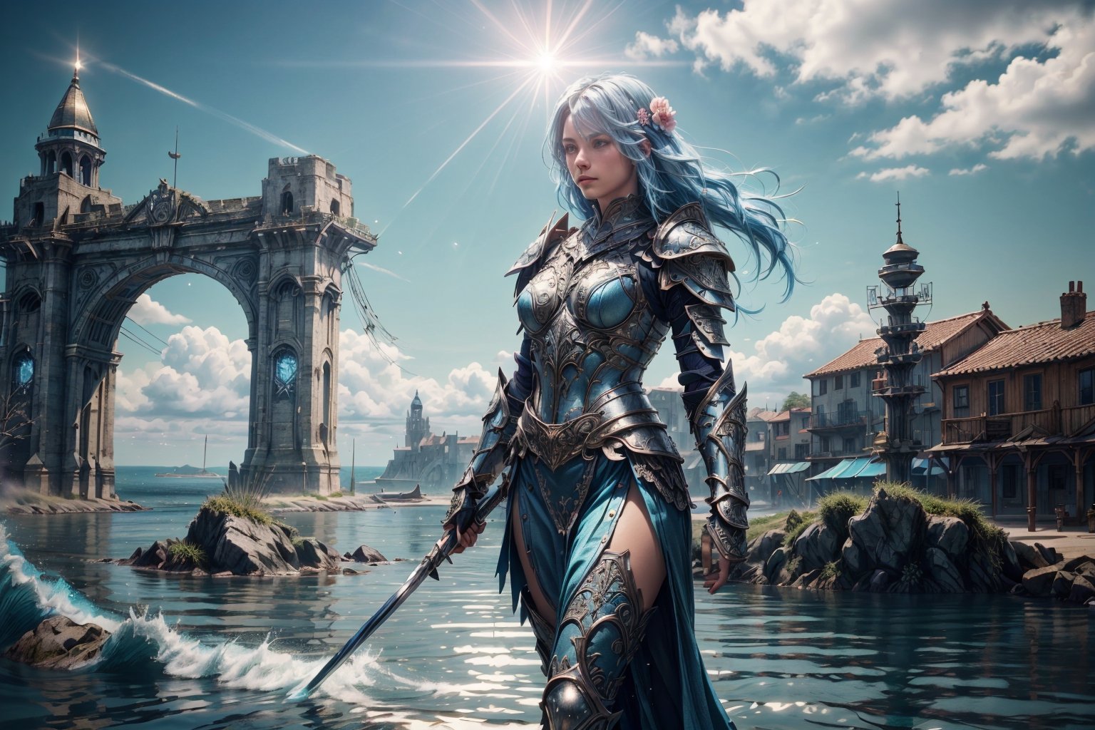 (4k), (masterpiece), (best quality),(extremely intricate), (realistic), (sharp focus), (cinematic lighting), (extremely detailed),

A girl knight in white plate armor with cerulean blue embroideries, walking within a medieval port city, ocean in the far background, her sword raised in defiance. The sun is shining through her flowing long blue hair giving the scene a slightly blue tint.

,flower4rmor, flower warrior armor,Flower
,matwaretech, scifi, blue hues
,stealthtech
,glyphtech