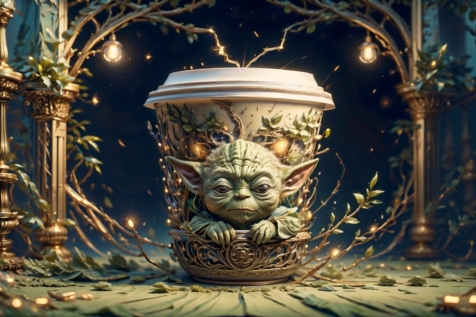 (4k), (masterpiece), (best quality),(extremely intricate), (realistic), (sharp focus), (award winning), (cinematic lighting), (extremely detailed), 

Baby yoda, groku.

 ,DonMDj1nnM4g1cXL ,(paper cup),still life photography,TreeAIv2