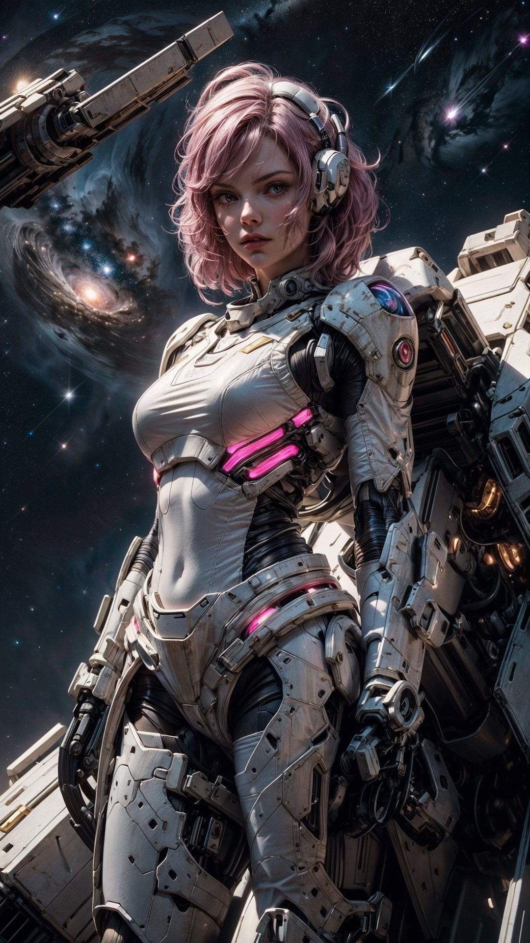 (4k), (masterpiece), (best quality),(extremely intricate), (realistic), (sharp focus), (award winning), (cinematic lighting), (extremely detailed), 

A young woman with long, flowing pink hair stands tall in the cockpit of her towering white mech suit, her face illuminated by the glow of the stars. The mech suit is a marvel of engineering, with sleek lines and powerful weaponry. The woman herself is a skilled warrior, trained in the arts of combat and piloting.

She is standing in front of a vast nebula, its swirling colors creating a breathtaking backdrop. The nebula is home to a variety of alien lifeforms, some of which are hostile to humanity. But the woman is not afraid. She is here to protect her people and to explore the unknown.

She raises her fist in a gesture of defiance, and her mech suit roars to life. She is ready to face whatever challenges the nebula may throw her way.

Details:

The woman is a space mecha pilot / space warrior.
She has long, flowing pink hair.
She is wearing a white bodytight spacesuit.
She is standing in the cockpit of her towering white mech suit.
She is standing in front of a vast nebula.
She raises her fist in a gesture of defiance.

,mecha,princessmononoke