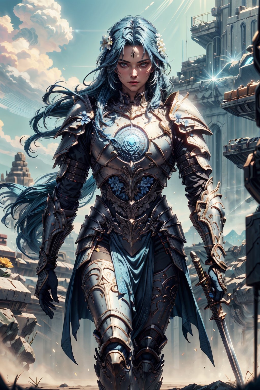 (4k), (masterpiece), (best quality),(extremely intricate), (realistic), (sharp focus), (cinematic lighting), (extremely detailed),

A girl knight in shiny white plate armor with cerulean blue embroideries, walking across a battlefield, her sword raised in defiance. The sun is shining through her flowing long blue hair giving the scene a slightly blue tint.

,flower4rmor, flower warrior armor,Flower
,matwaretech, scifi, blue hues
,stealthtech
,glyphtech