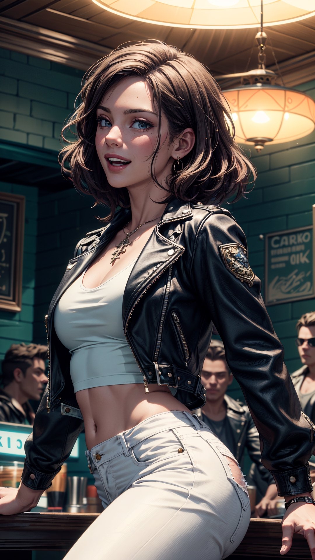 (4k), (masterpiece), (best quality),(extremely intricate), (realistic), (sharp focus), (cinematic lighting), (extremely detailed), 

A girl with dakr hair dancing among the stars. She is wearing a white top with blue jeans and black leather jacket and has a joyful expression on her face. Carribean pirate tavern background. ,hackedtech