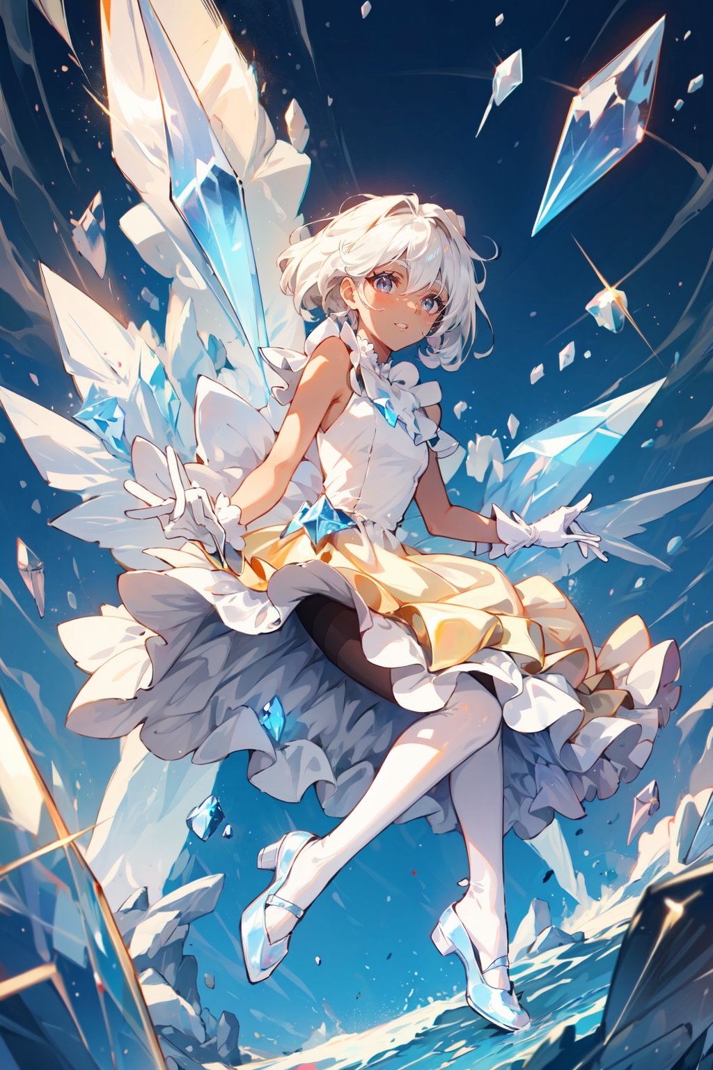 A blind girl, gray eyes, dark skin, platinum hair, golden dress with lace and ruffles. Tights, white gloves, shiny crystal blue shoes.