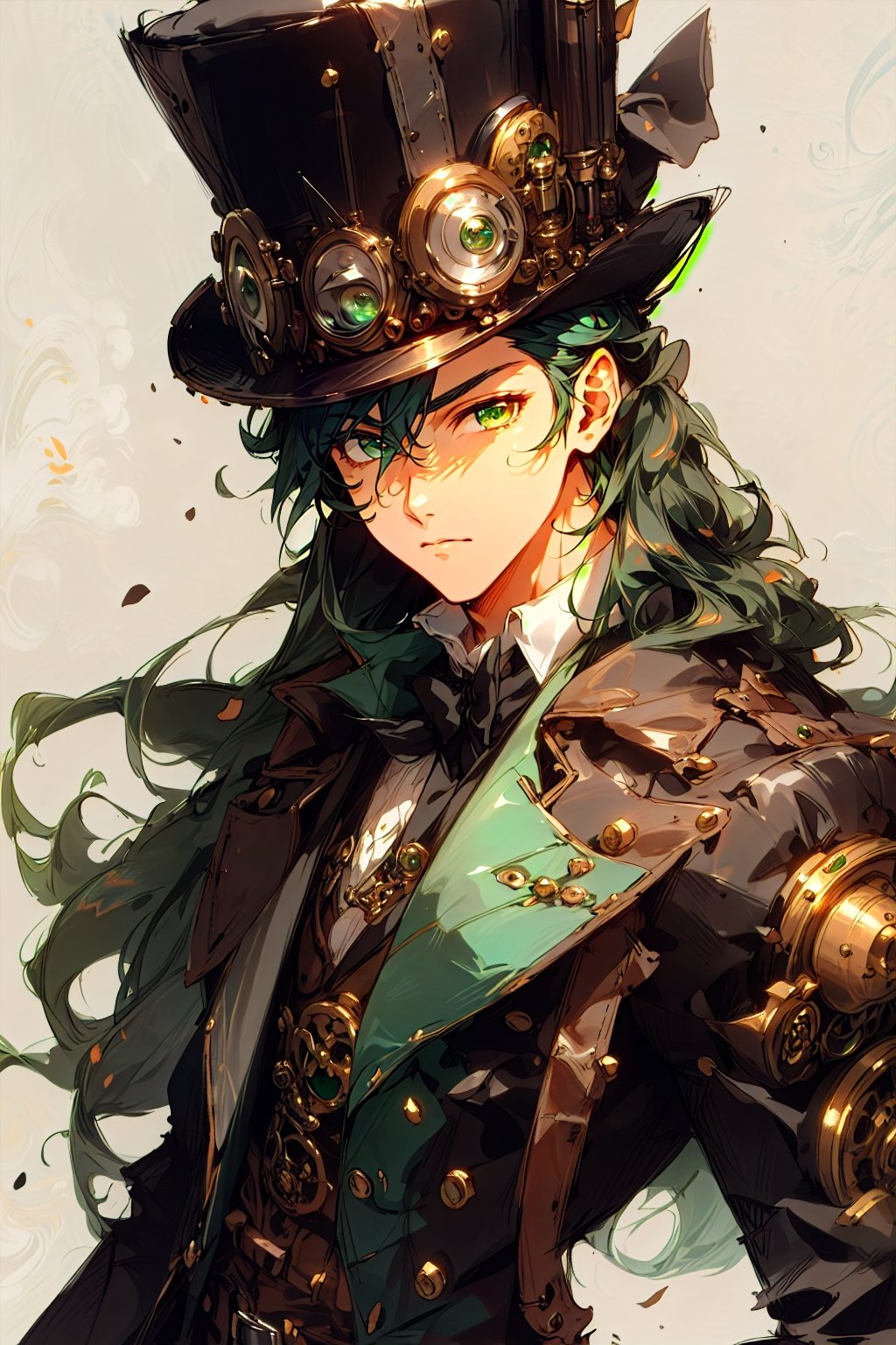 A boy with long hair, masculine features, tan skin, emerald green eyes, wearing a stylish steampunk outfit, a steampunk top hat, extremely detailed 8k CG wallpaper, best quality, best anime from Pixiv, top-notch steampunk background.