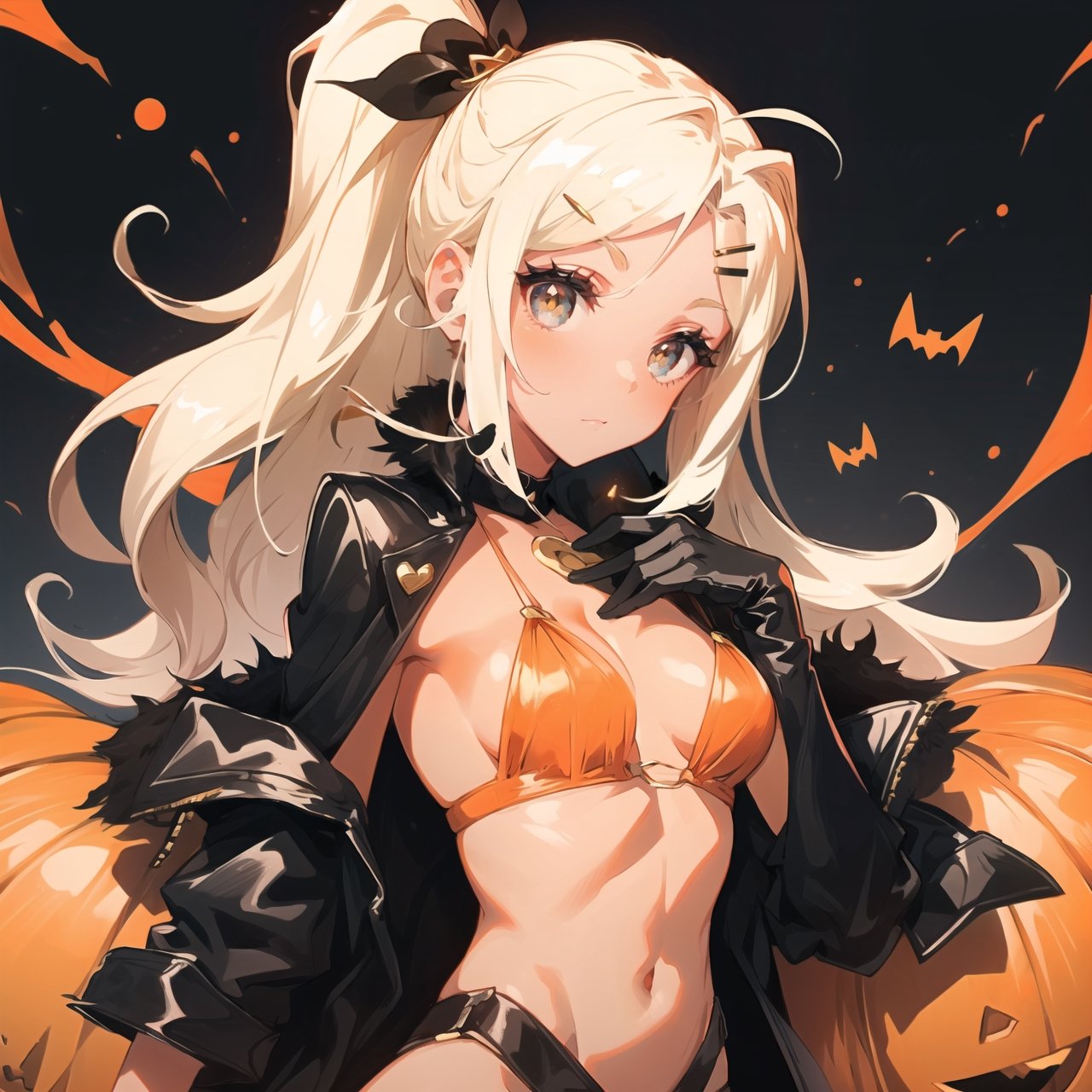 A cute girl with pumpkin hairpins, blonde hair, smooth tan skin, golden eyes, black Halloween outfit with leather gloves, Halloween background with low lighting, intense and bright eyes.