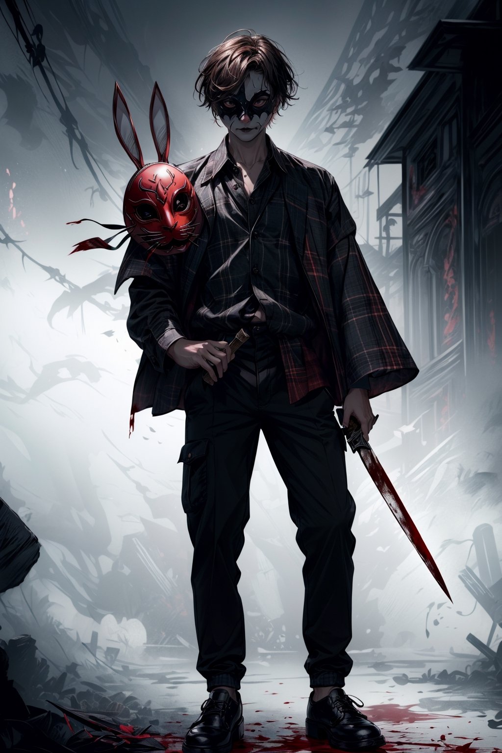 A boy with dark brown hair wearing a blood-stained (Killer Bunny mask:1.2), dressed in ordinary clothes, plaid blouse, black sweatpants, black polished shoes, white skin, holding a knife, dramatic lighting, gothic atmosphere.