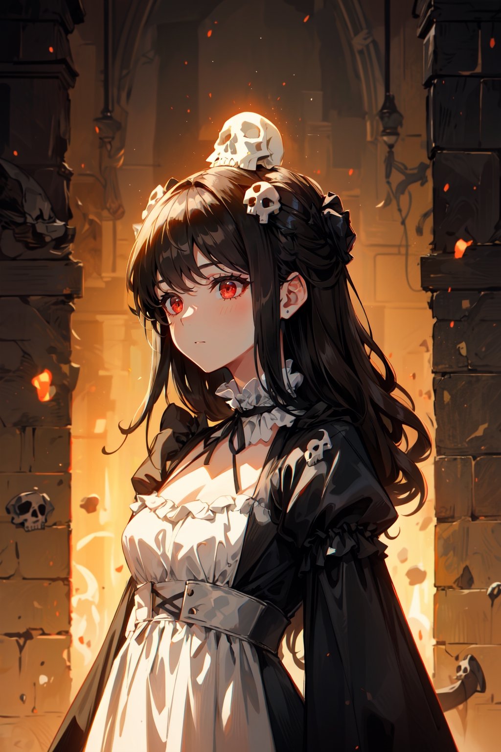 A brunette girl, intense red eyes, wearing two human skulls on her head, long black hair with bangs, bone dress with lace and ruffles, gothic cinematic lighting.