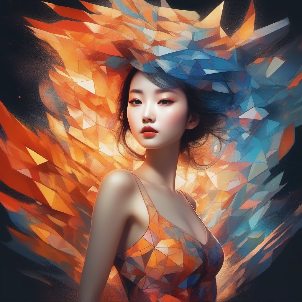 ((perfect Korean girl)) cubist artwork Shaped splash flow flaming fox out control in Night streets, mythical guardian of the alleys made with bones and rocks, . geometric shapes, abstract, innovative, revolutionary, Broken Glass effect, no background, stunning, something that even doesn't exist, mythical being, energy, molecular, textures, iridescent and luminescent scales, breathtaking beauty, pure perfection, divine presence, unforgettable, impressive, breathtaking beauty, Volumetric light, auras, rays, vivid colors reflects