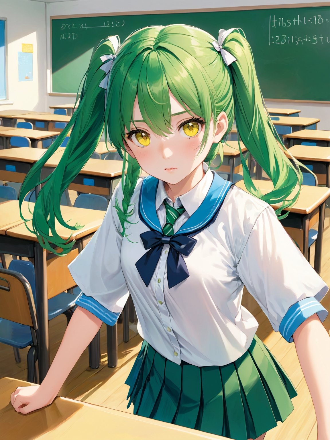 (masterpiece: 1.2), (artwork: 0.5), (detailed expressive and intense eyes: 0.6), (detailed hair), fair skin, long straight green hair tied in pigtails, intense yellow eyes, wearing school clothes (white blouse, blue pleated skirt), white socks, classroom background.