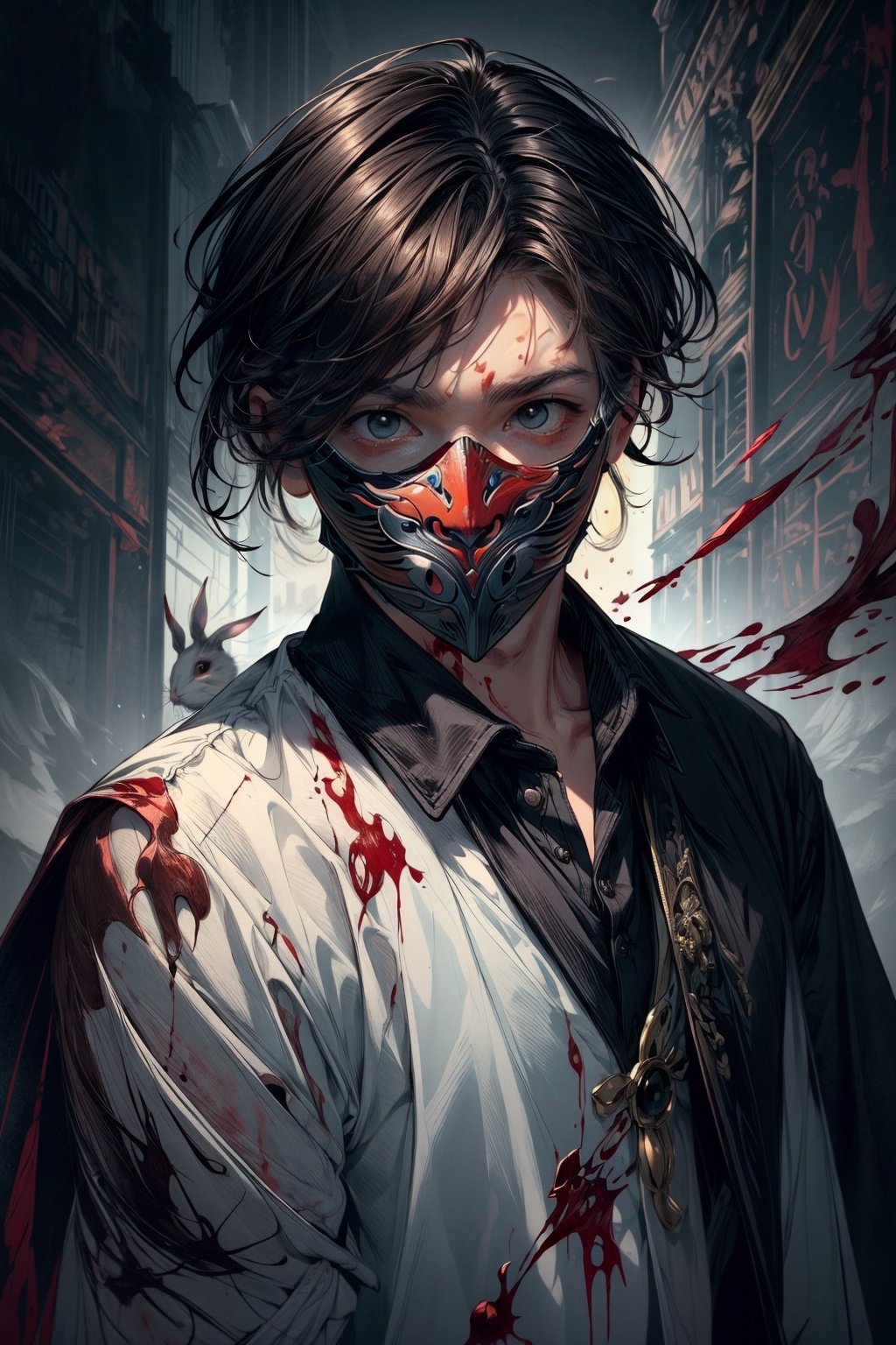 A boy with short dark brown hair, wearing a (mask that covers his entire rabbit Killer face with blood), dramatic lighting, simple and common clothes, portrait format.