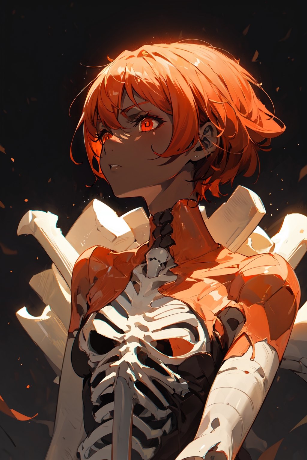 A girl with bone arms, serious red look, dark skin, short orange hair, bone clothes, skulls, dark gothic background and dark linear lighting.,SAM YANG