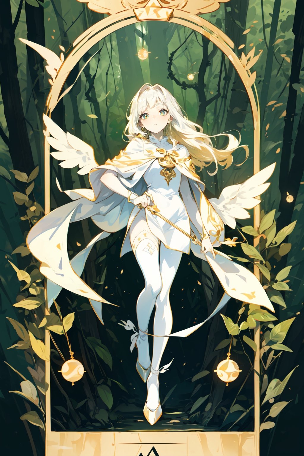 A girl with extremely white skin, straight golden hair with bangs, wearing pretty tarot card clothes, transparent white tights black high heel shoe, eyes with different colored symbols, dimly lit forest background.