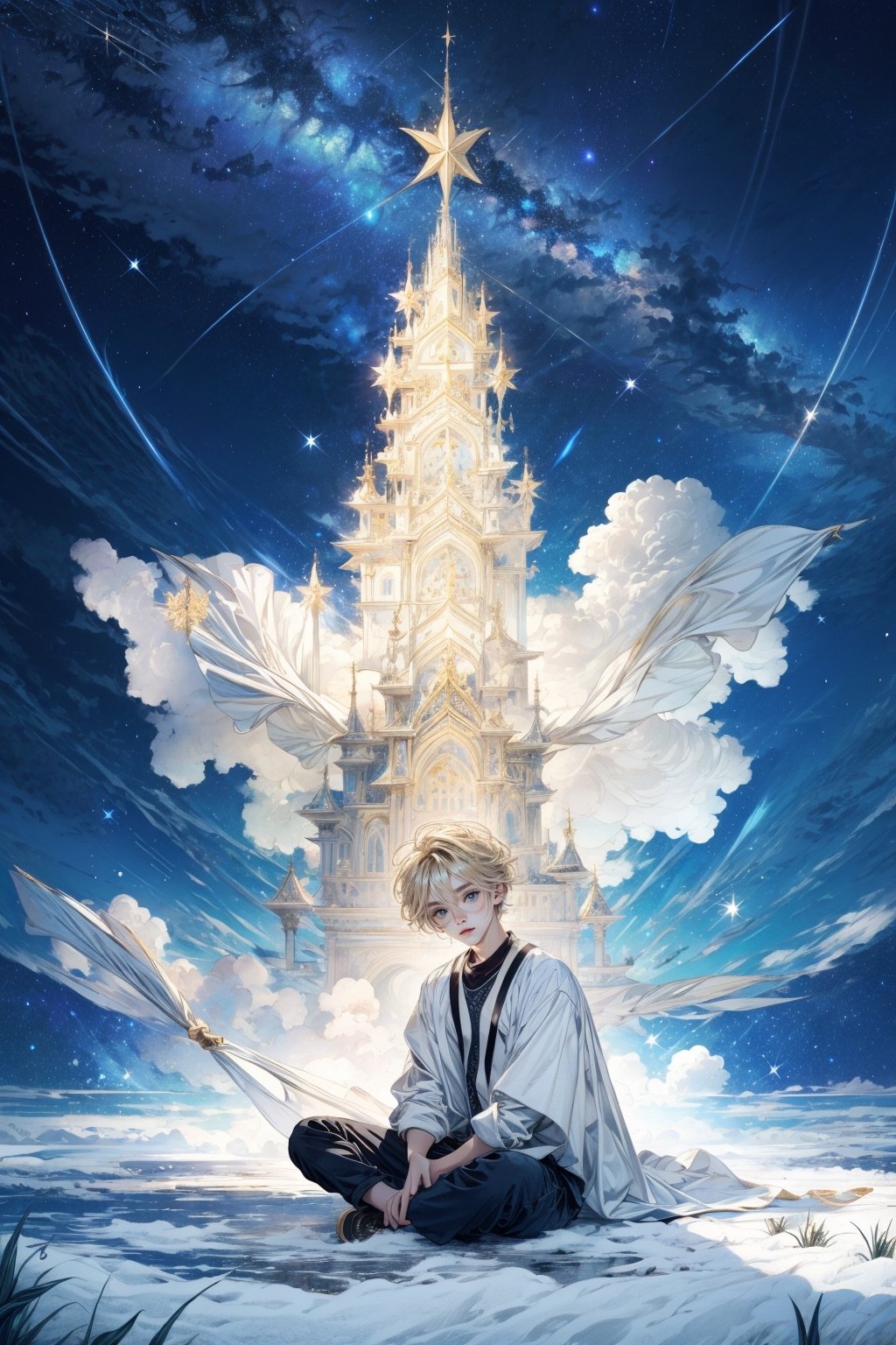  a starry sky at night, with a blond boy dressed in white sitting on the ground.