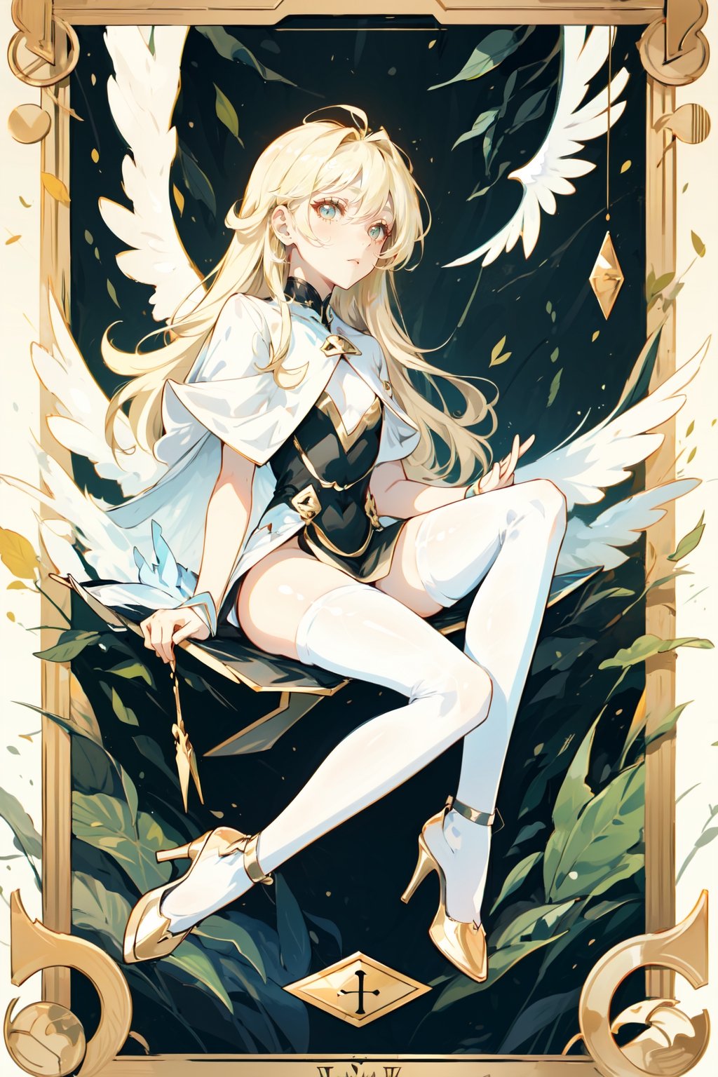 A girl with extremely white skin, straight golden hair with bangs, wearing pretty tarot card clothes, transparent white tights black high heel shoe, eyes with different colored symbols, dimly lit forest background.