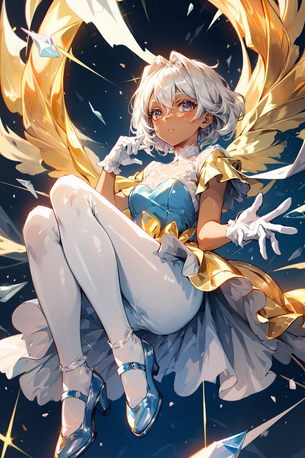 A blind girl, gray eyes, dark skin, platinum hair, golden dress with lace and ruffles. Tights, white gloves, shiny crystal blue shoes.