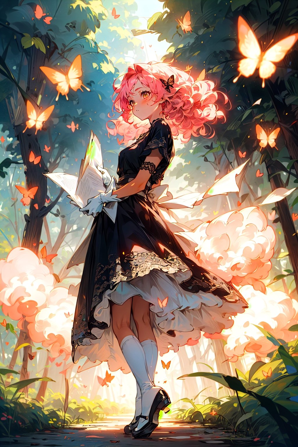 A cute girl with full, curly pink hair, tan skin, big emerald eyes, wearing a beautiful black lace dress, white gloves, silk white stockings, transparent white crystal shoes, amidst a forest with fireflies and butterflies, an ancient medieval paper lantern illuminating the path.