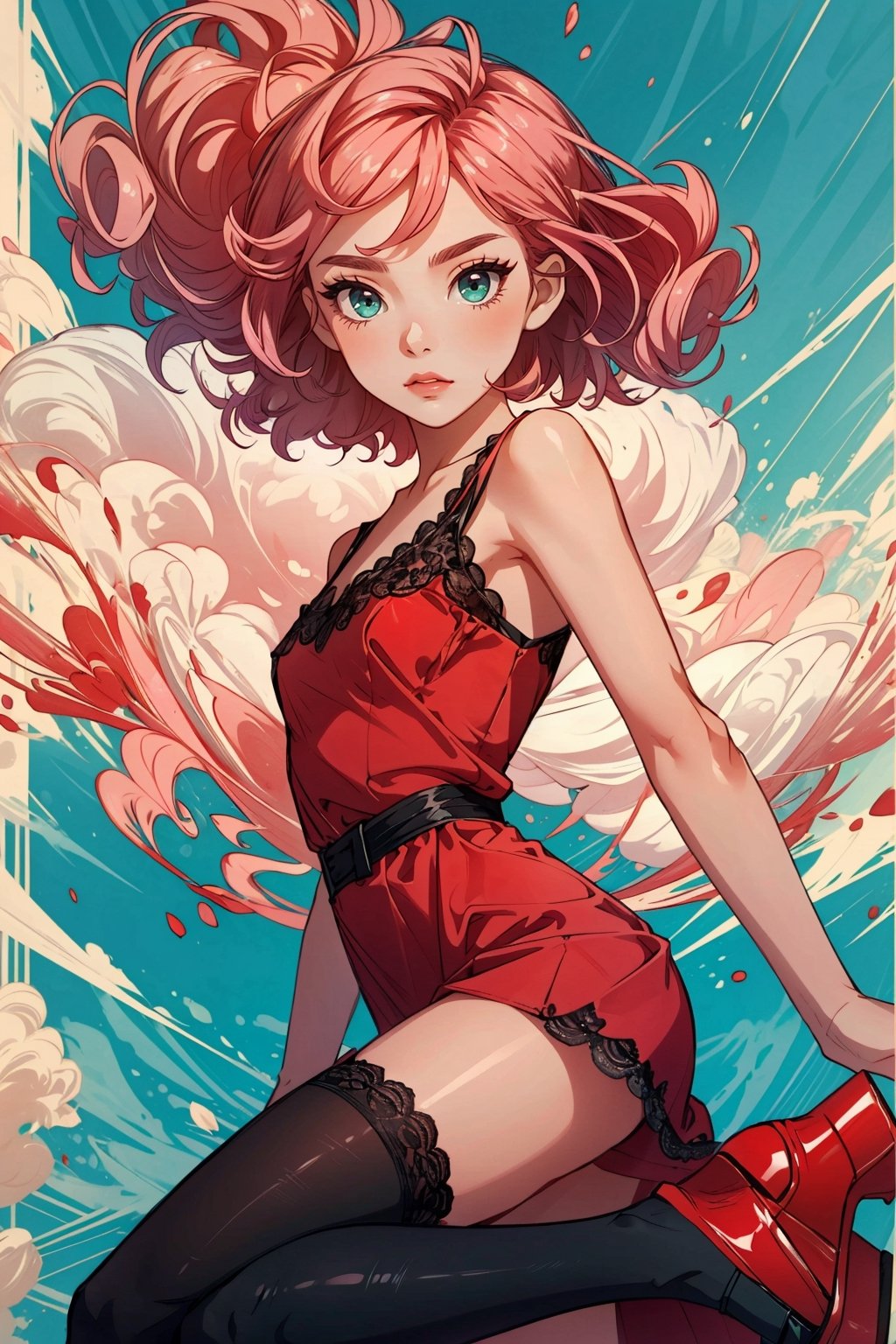 A girl with short curly pink hair, fair skin, emerald eyes (portrait), wearing a red dress with lace and silk, red stockings, black high-heeled shoes, a cool ballroom background.,midjourney