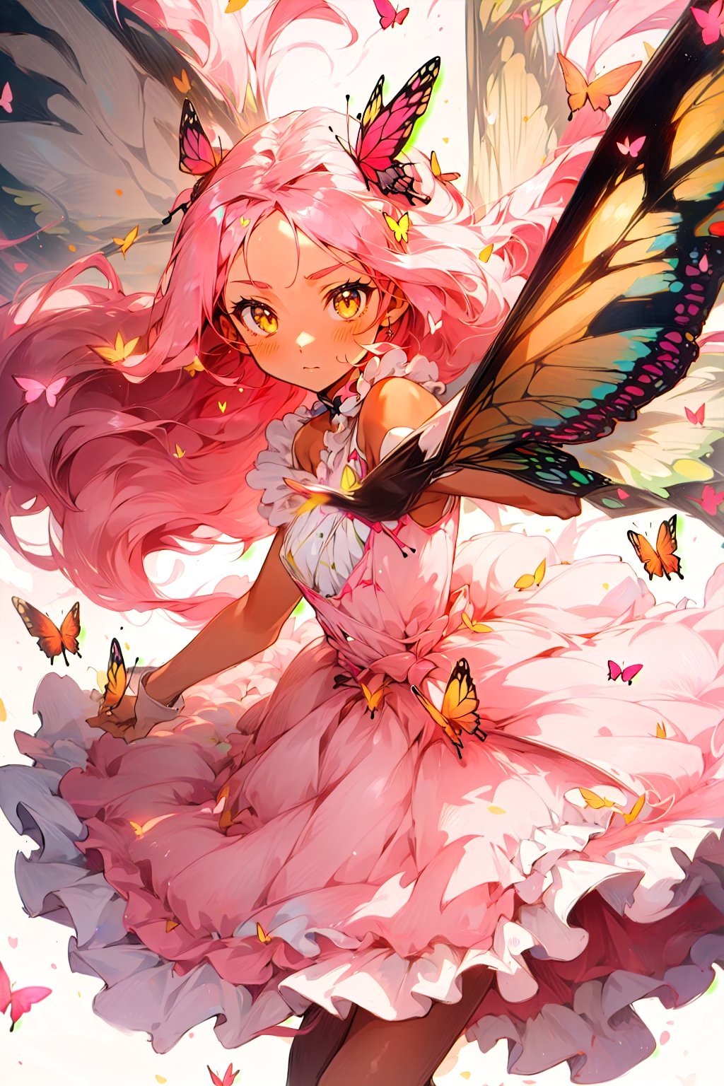 A cute girl with anime-style butterflies around, long pink hair, tan skin, yellow eyes, a pretty pink dress with yellow frills.