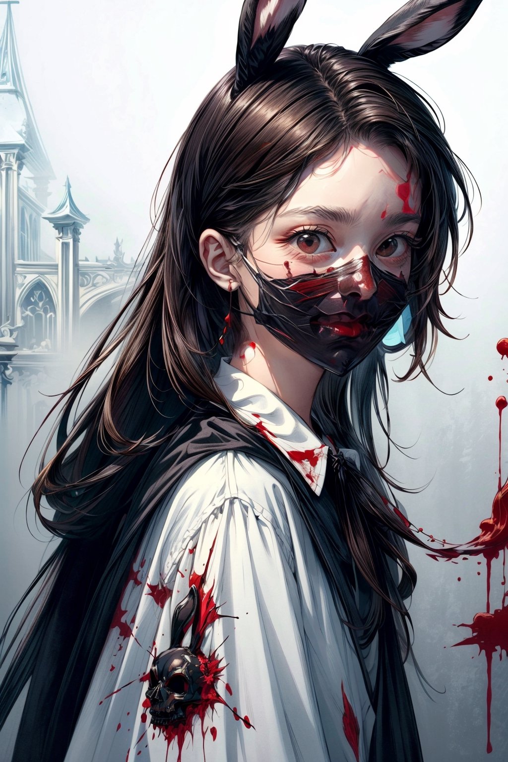 A boy with dark brown hair, wearing a Killer Bunny mask, portrait format, bloodied, gothic and dramatic background. Wearing common clothes in a white blouse stained with blood.