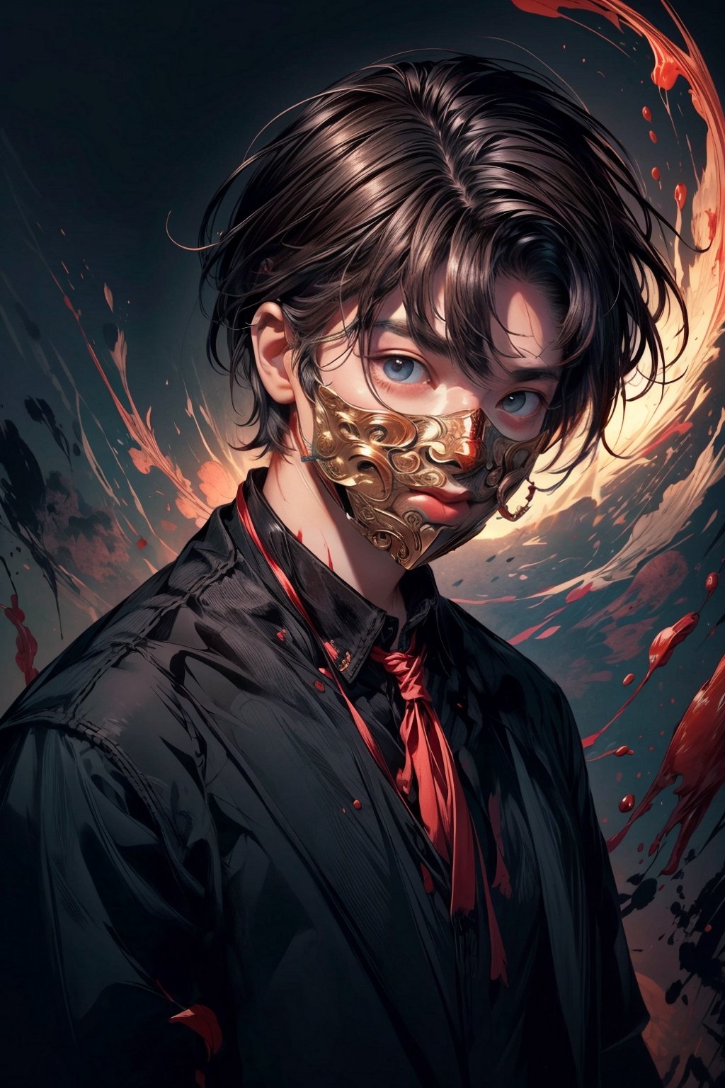 A boy with short dark brown hair, wearing a mask that covers his entire rabbit face with blood, dramatic lighting, simple and common clothes, portrait format.
