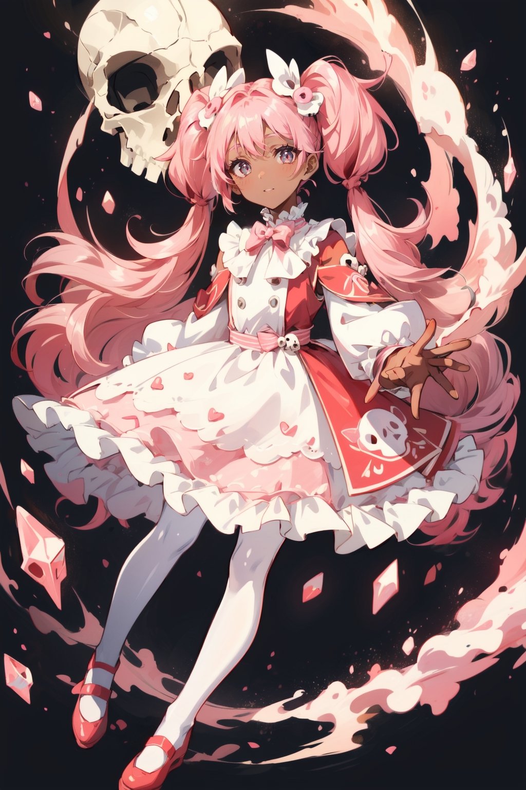 A cute girl with pink hair with skull pigtails, long pink hair, dress with skull skull, pink color of ruffles and lace, transparent white pantyhose, red shoes crystal, chocolate brown skin, bright and intense eyes with symbols.