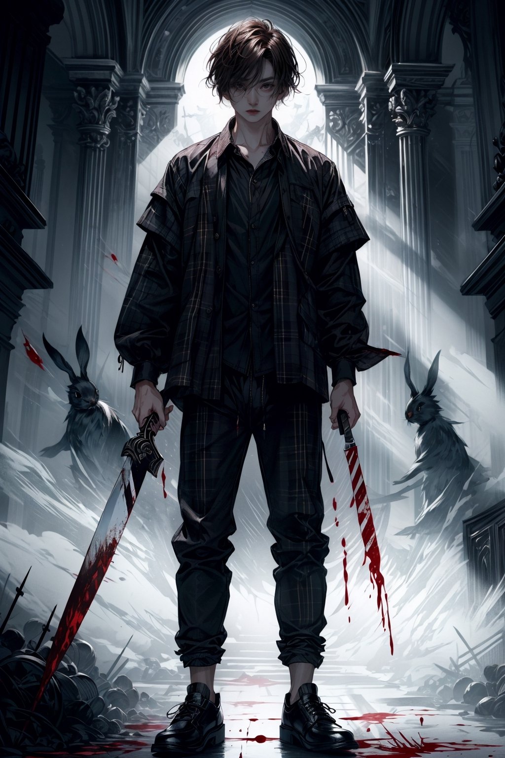 A boy with dark brown hair wearing a blood-stained Killer Bunny mask, dressed in ordinary clothes, plaid blouse, black sweatpants, black polished shoes, white skin, holding a knife, dramatic lighting, gothic atmosphere.
