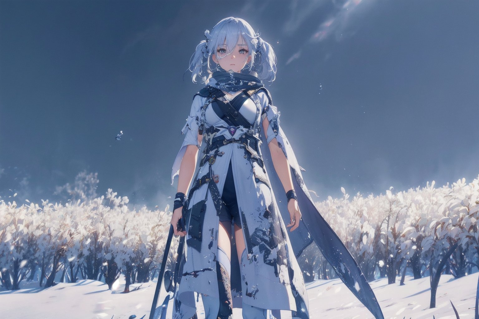 Jinhsi, 1girl, Solo, Long Silver Hair, Twin Tail Hairstyle , White Eyes, White Robe, Black Cloth, White Skirt, Long White boot, Blushing, walking, Cold wind effect, old city zone, snow season, battle field, ((Best quality)), ((masterpiece)), 3D, HDR (High Dynamic Range),Ray Tracing, NVIDIA RTX, Super-Resolution, Unreal 5,Subsurface scattering, PBR Texturing, Post-processing, Anisotropic Filtering, Depth-of-field, Maximum clarity and sharpness, Multi-layered textures, Albedo and Specular maps, Surface shading, Accurate simulation of light-material interaction, Perfect proportions, Octane Render, Two-tone lighting, Wide aperture, Low ISO, White balance, Rule of thirds,8K RAW, Aura, masterpiece, best quality, Mysterious expression, magical effects like sparkles or energy, flowing robes or enchanting attire, mechanic creatures or mystical background, rim lighting, side lighting, cinematic light, ultra high res, 8k uhd, film grain, best shadow, delicate, RAW, light particles, detailed skin texture, detailed cloth texture, beautiful face, (masterpiece), best quality, expressive eyes, perfect face,