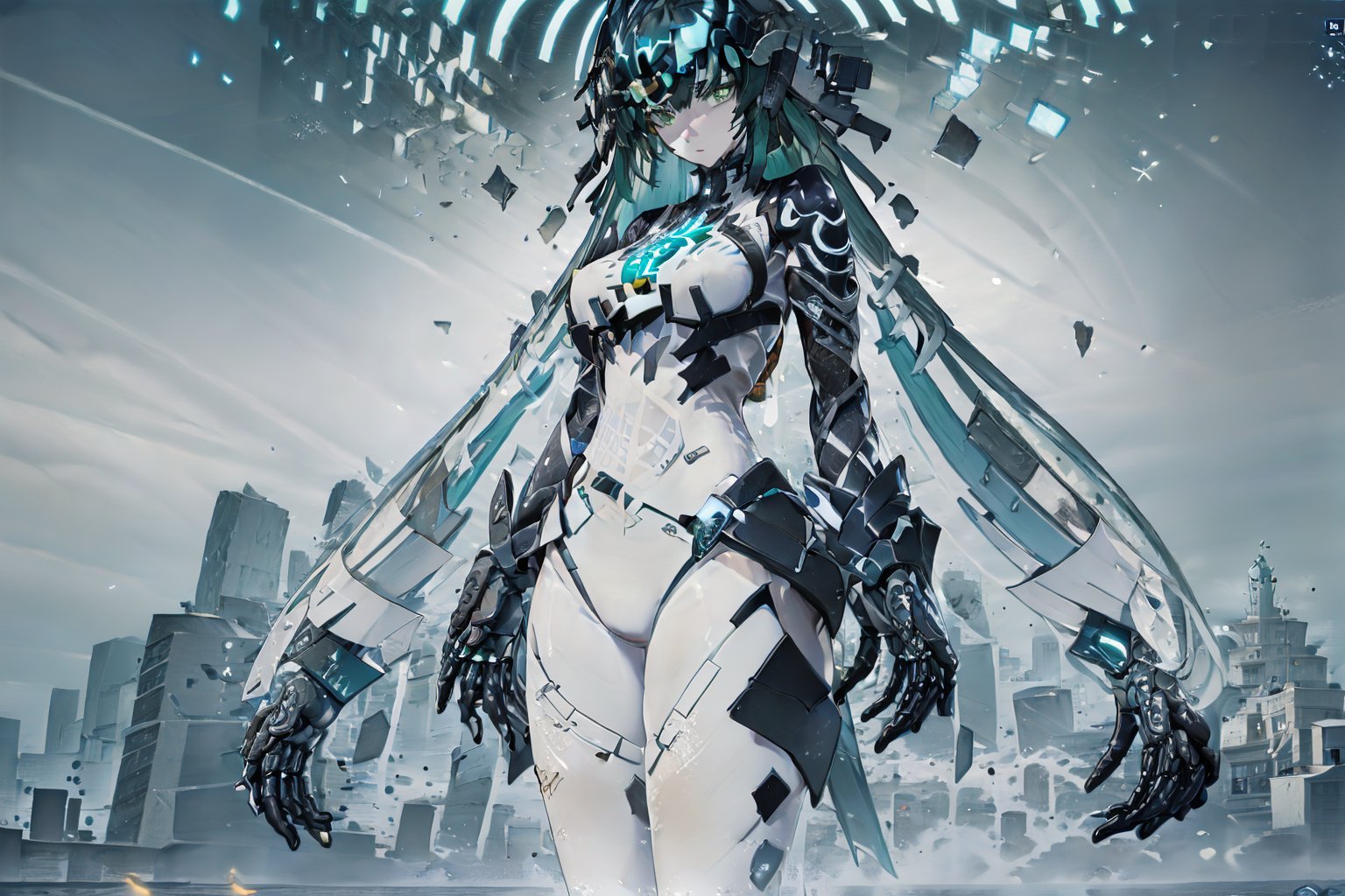 Ymir, 1girl, giant girl tall as building , Dark Green Hair, Long Tied Hairstyle, Green Eyes, Dark Headgear cover half-face, black shoulder armor, black arm , White skinsuit, Black leg armor , Exo Suit, Extra Separated Big Robot Arm on both Size, sit down on the sand beach , split leg, cowboy shot ,full view of body, beach side, near sea , wreck of countless building, sky high building in the background, ((Best quality)), ((masterpiece)), 3D, HDR (High Dynamic Range),Ray Tracing, NVIDIA RTX, Super-Resolution, Unreal 5,Subsurface scattering, PBR Texturing, Post-processing, Anisotropic Filtering, Depth-of-field, Maximum clarity and sharpness, Multi-layered textures, Albedo and Specular maps, Surface shading, Accurate simulation of light-material interaction, Perfect proportions, Octane Render, Two-tone lighting, Wide aperture, Low ISO, White balance, Rule of thirds,8K RAW, Aura, masterpiece, best quality, Mysterious expression, magical effects like sparkles or energy, flowing robes or enchanting attire, mechanic creatures or mystical background, rim lighting, side lighting, cinematic light, ultra high res, 8k uhd, film grain, best shadow, delicate, RAW, light particles, detailed skin texture, detailed cloth texture, beautiful face, (masterpiece), best quality, expressive eyes, perfect face,Meilin,Seo Jiwoo,firefly \(honkai: star rail\)