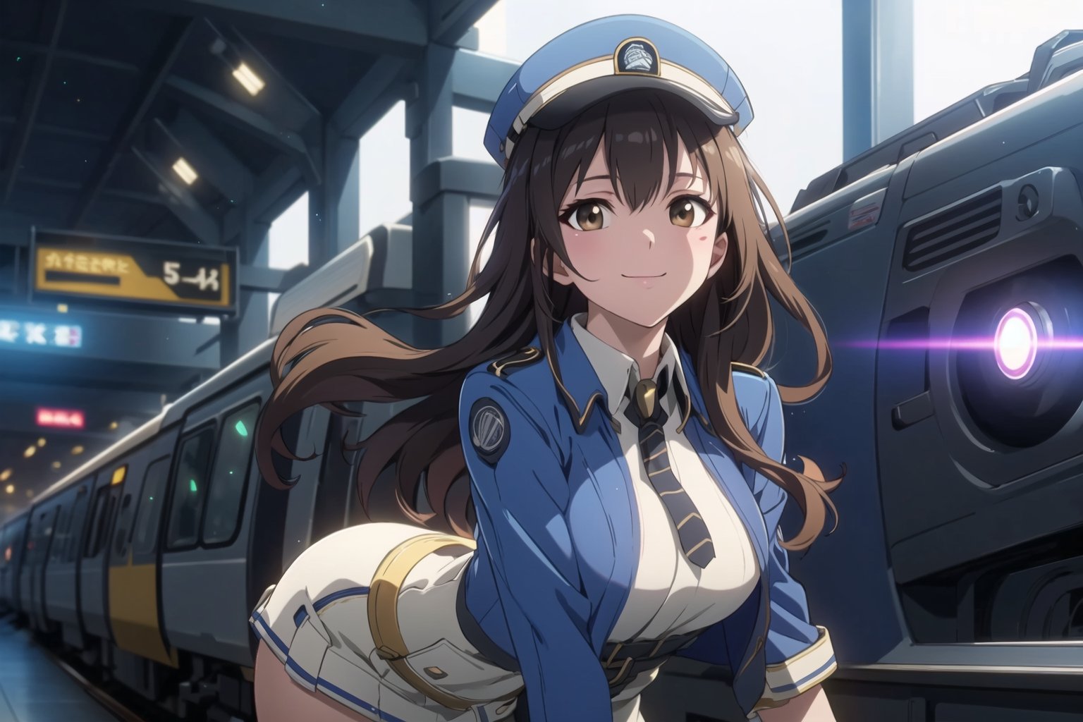 A mature waist long loose drak brown Hair style Girl with heavy machine gun , lovely smile, straw berry loli pop, blue cap, Blue jacket shirt, blue necktie, white shirt, white skirt, white panty, Heavy Gun, Railway, Train Station, ((Best quality)), ((masterpiece)), 3D, HDR (High Dynamic Range),Ray Tracing, NVIDIA RTX, Super-Resolution, Unreal 5,Subsurface scattering, PBR Texturing, Post-processing, Anisotropic Filtering, Depth-of-field, Maximum clarity and sharpness, Multi-layered textures, Albedo and Specular maps, Surface shading, Accurate simulation of light-material interaction, Perfect proportions, Octane Render, Two-tone lighting, Wide aperture, Low ISO, White balance, Rule of thirds,8K RAW, Aura, masterpiece, best quality, Mysterious expression, magical effects like sparkles or energy, flowing robes or enchanting attire, mechanic creatures or mystical background, rim lighting, side lighting, cinematic light, ultra high res, 8k uhd, film grain, best shadow, delicate, RAW, light particles, detailed skin texture, detailed cloth texture, beautiful face, (masterpiece), best quality, expressive eyes, perfect face,Mechanical_tentacles,momo_burlesque,diesel \(nikke\)